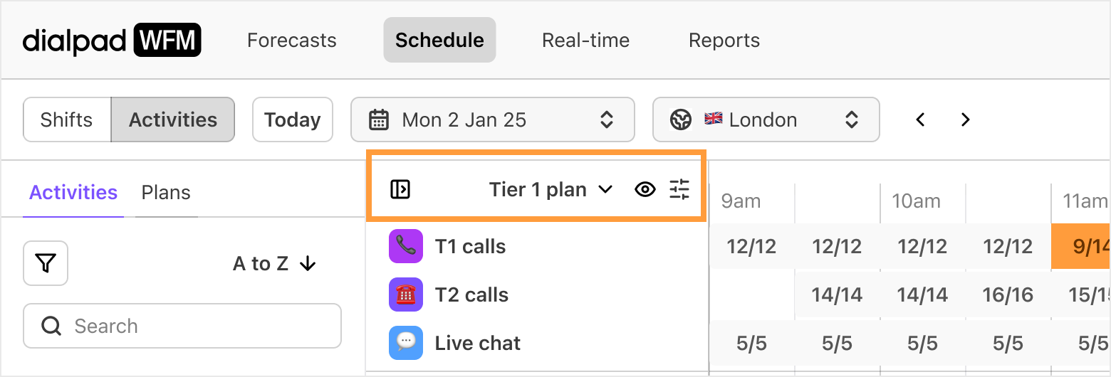 Dialpad WFM interface showing activities, plans, and schedule for January 25.